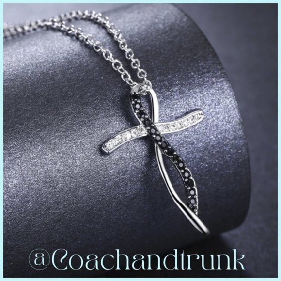 925 Sterling Silver Black Spinel and White CZ Cross Necklace - Picture 2 of 3